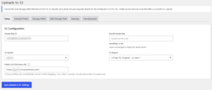 Uploads to S3 S3 configuration screen with bucket, region, and public URL settings