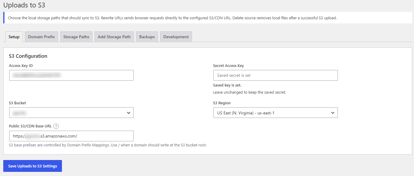 Uploads to S3 S3 configuration screen with bucket, region, and public URL settings