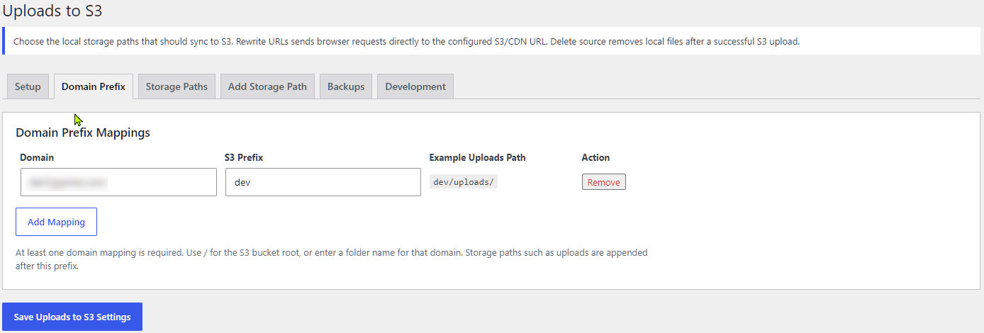 Uploads to S3 domain prefix mapping screen for separating S3 paths by website domain