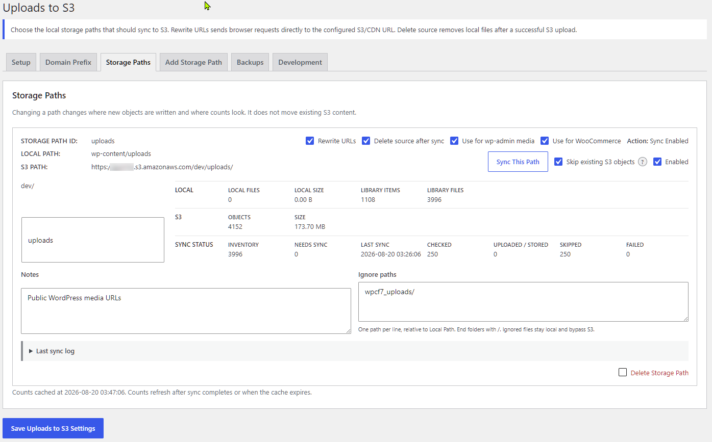 Uploads to S3 storage path dashboard showing synchronization controls and inventory status