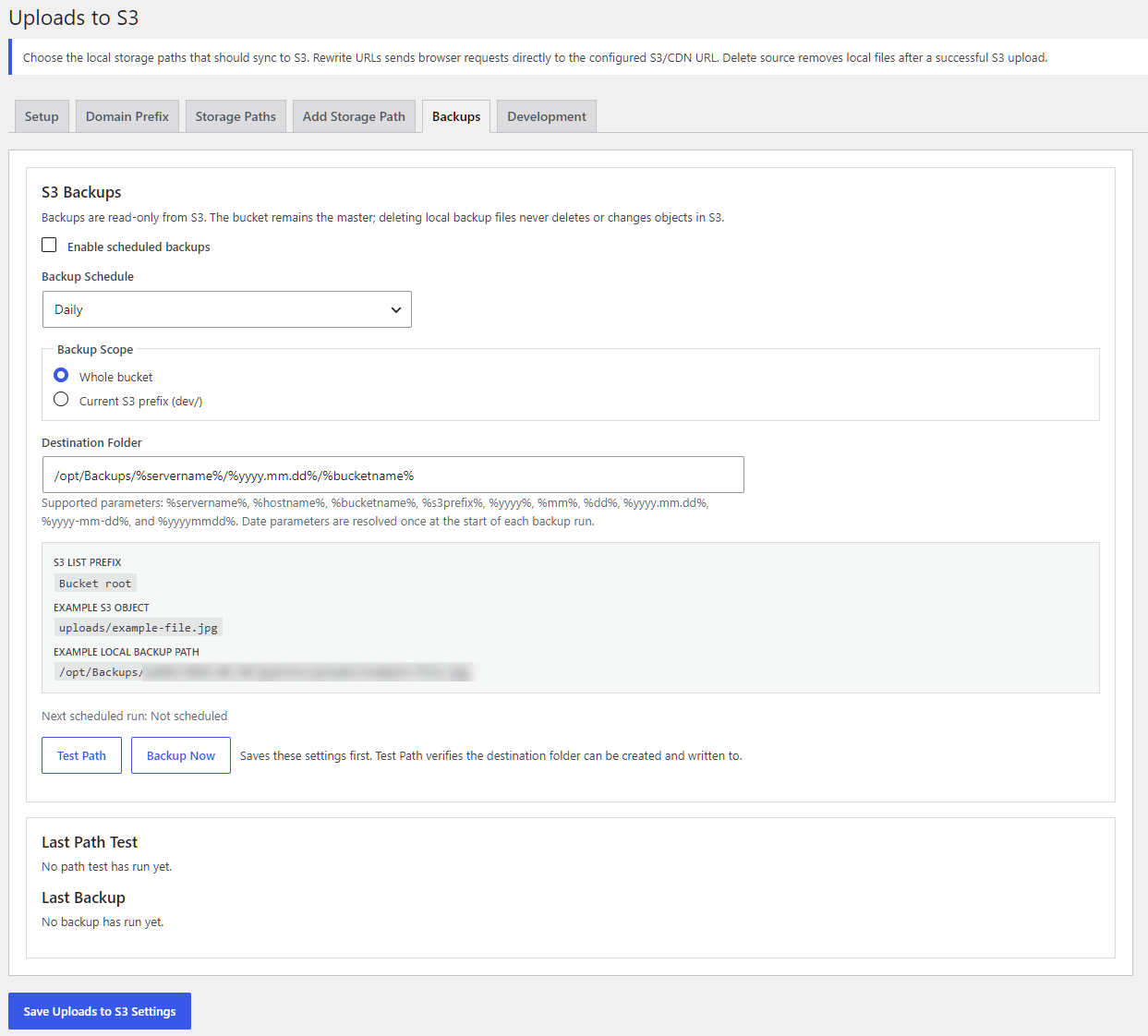 Uploads to S3 scheduled backup settings with scope, destination folder, and manual test controls