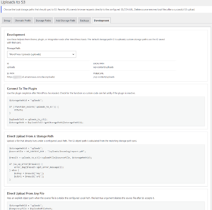 Uploads to S3 development screen with storage path details and PHP integration examples