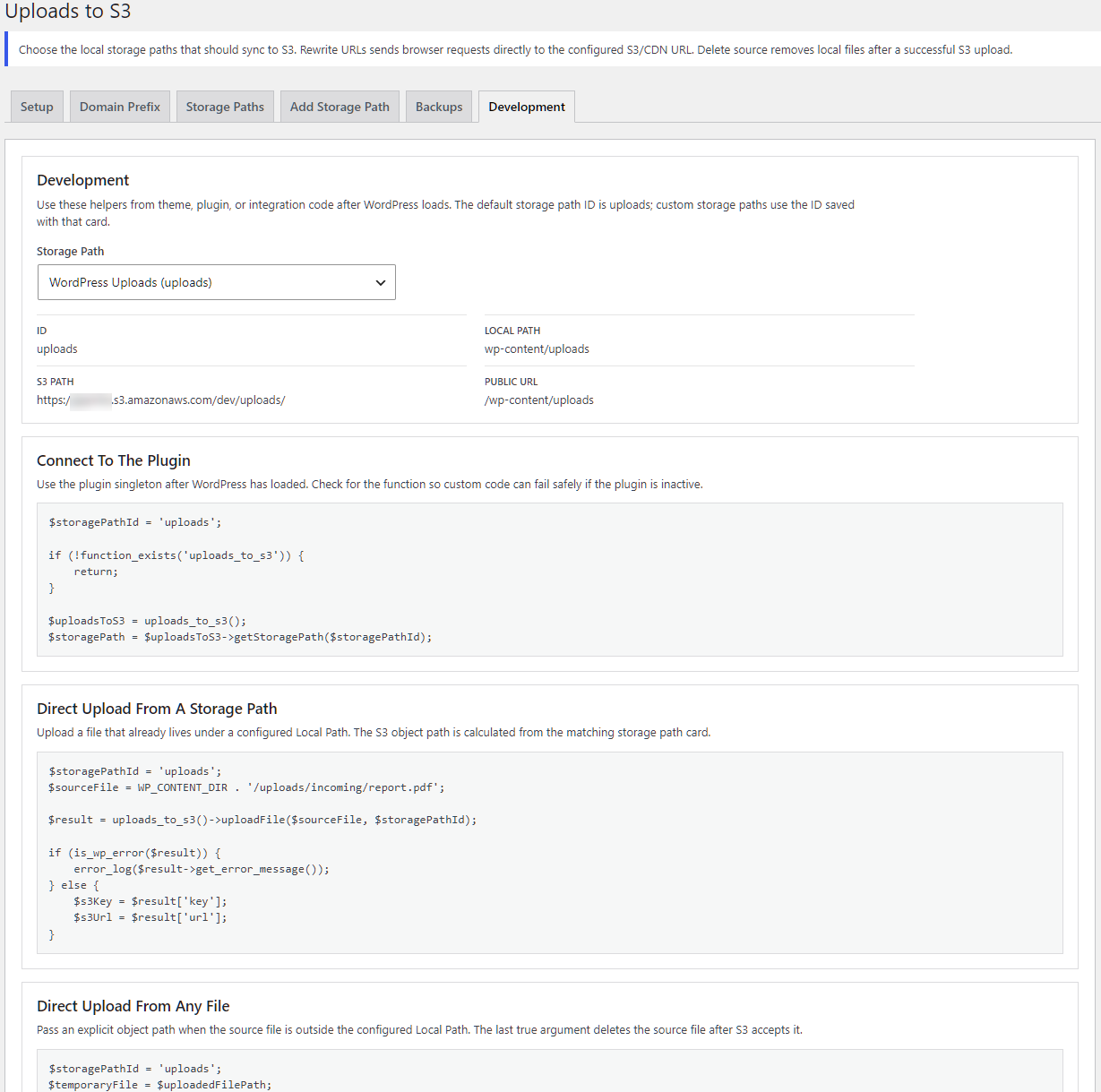 Uploads to S3 development screen with storage path details and PHP integration examples