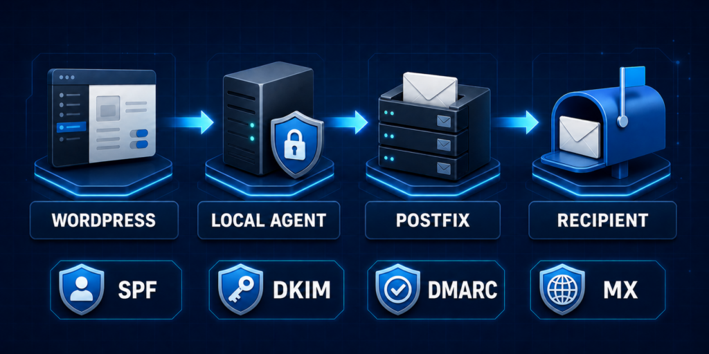 Workflow from WordPress through the local agent and Postfix to a recipient with SPF, DKIM, DMARC, and MX
