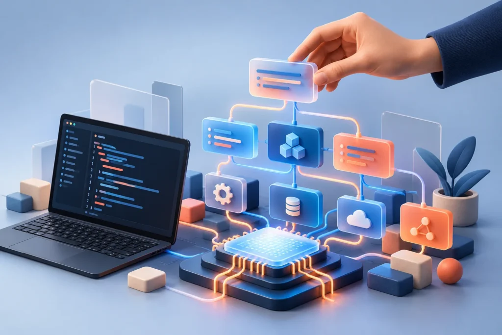 AI processor and developer workstation with connected code modules.