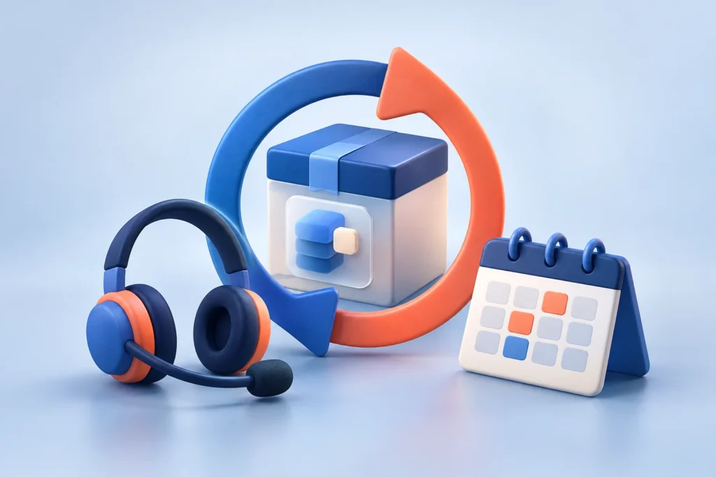 Software update arrow, support headset and release calendar.
