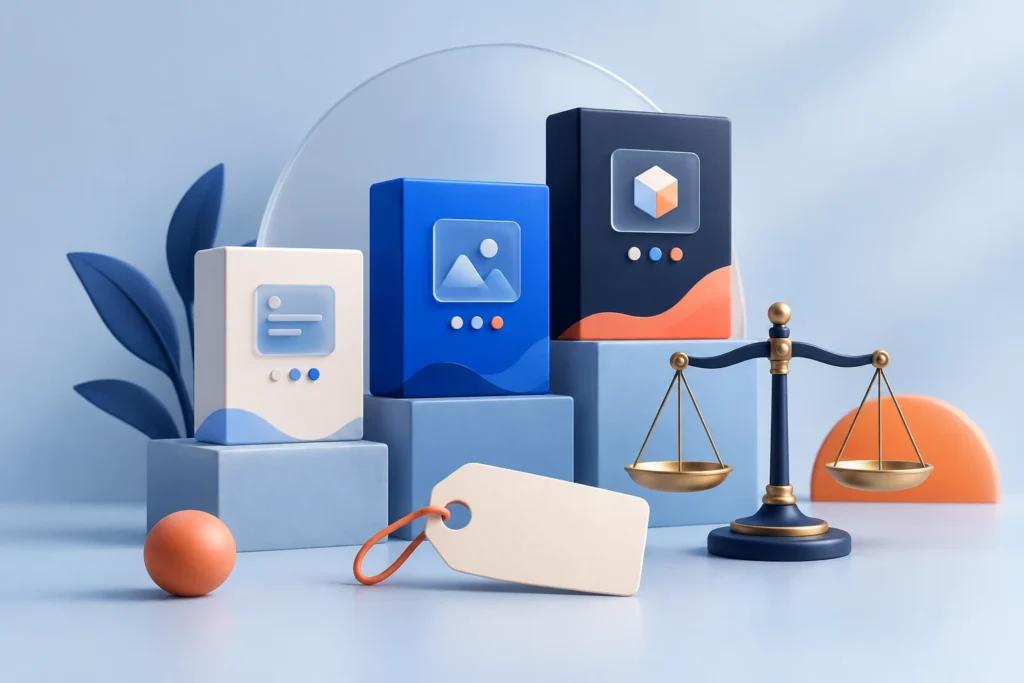 Software packages, balance scale and blank price tag for pricing.
