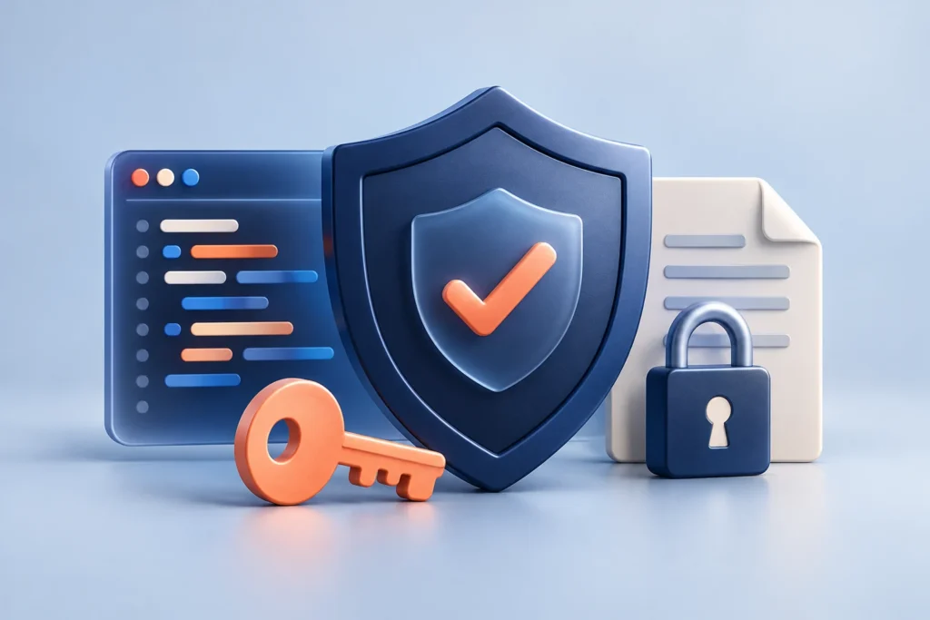 Security shield protecting software, a key and private documents.